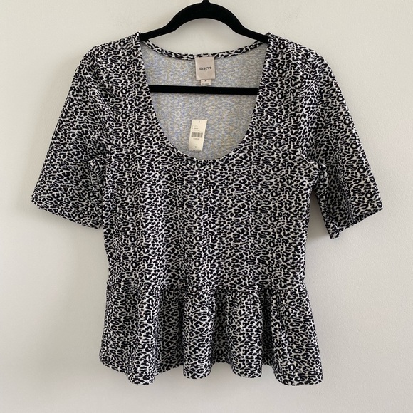 Maeve Black & White Animal Print Peplum Scoop Neck Blouse Size M New With Tag - Picture 5 of 12